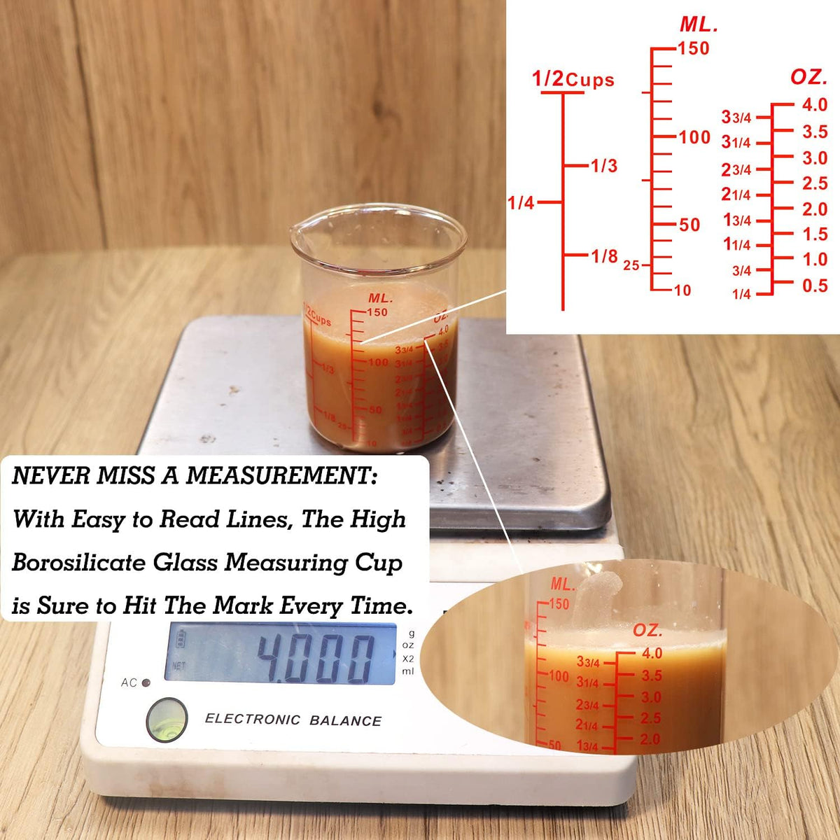 3 Piece Glass Measuring Cup Set, Includes 1/2-Cup, 1-Cup, and 2-Cup High Borosilicate Glasss Liquid Measuring Cups, Dishwasher, Freezer, Microwave
