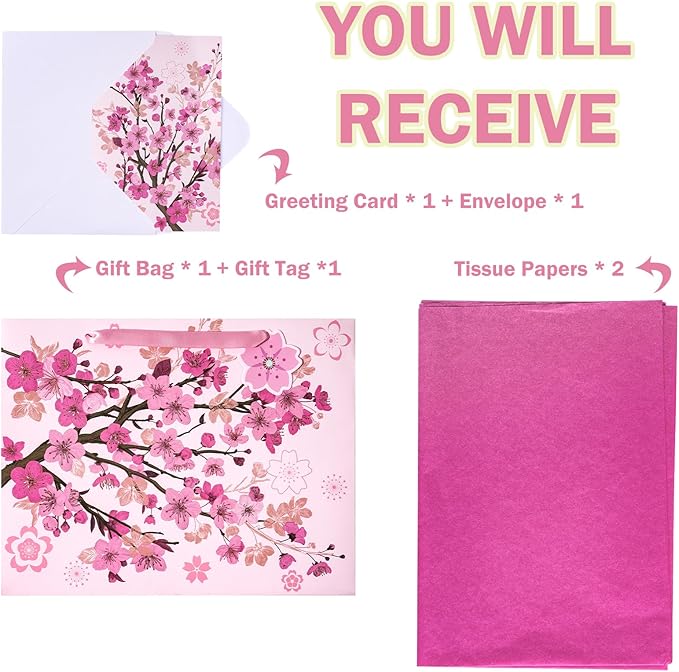 WRAPAHOLIC 13" Large Sakura Gift Bag with Card and Tissue Paper - Cherry Blossom
