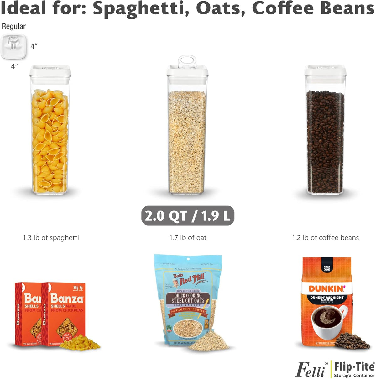 Felli Flip Tite Tall Storage Container with Lid 4" Air Tight Easy Open Ring Top, Clear Acrylic Skinny Canister Jar for Spaghetti Lasagna Fettuccine