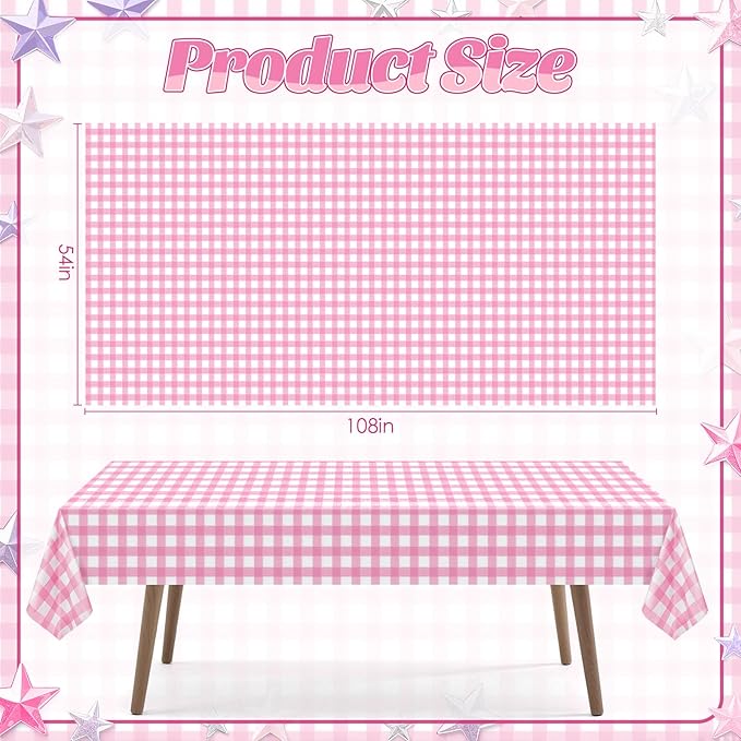 1 Pack Pink Striped Gingham Tablecloths, 54 x 108 Inch Disposable Plastic Rectangle Table Covers, Waterproof Pink and White Checkered Pink Table Cloths for Picnic, Birthday, Party, Outdoor Events