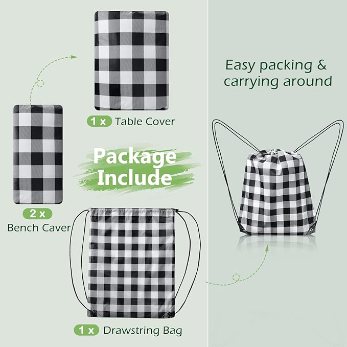 Picnic Table Cover with Bench Covers and Bag, Camping Table Camping Essentials Cover with Elastic Edges(Black)