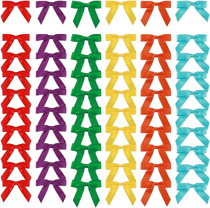 Meseey 120 Pcs 1.5 Inches Premade Craft Bows Self Adhesive Rainbow Satin Ribbon Bows for Treat Bags Gift Wrapping Basket Wedding Baby Shower Brithday Party(Rainbow Set)