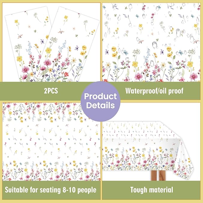 2-Pack Wildflower Plastic Tablecloth Disposable Rectangle - Floral Butterfly Garden Party Table Cover with Spring Flowers, 54x108 Inch for Fairy Birthday Party Decorations