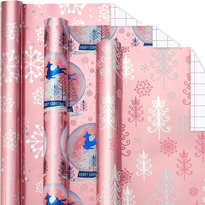 Burymento Pink Christmas Wrapping Paper - 3 Rolls - 17 In X 120 In Per Roll - Cute Shiny Christmas Trees, Snowflakes, Reindeer Design Gift Wrap for Holiday, XMAS Gift Packaging