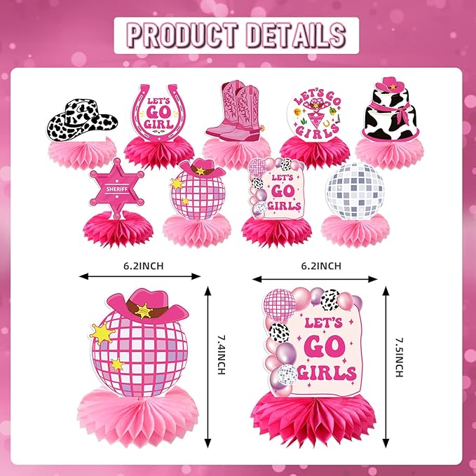 Lets Go Girls Bachelorette Party Decorations - 9pcs Disco Cowgirl Honeycomb Centerpiece Pink Disco Western Party Decoration Girls