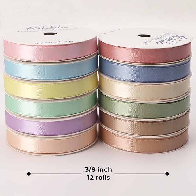 Ribbli Pastel Easter Satin Ribbon 3/8 Inch x 12 Rolls Total 60 Yards- Morandi Ribbon for Gift Wrapping Craft Party Decoration Baby Shower Wedding