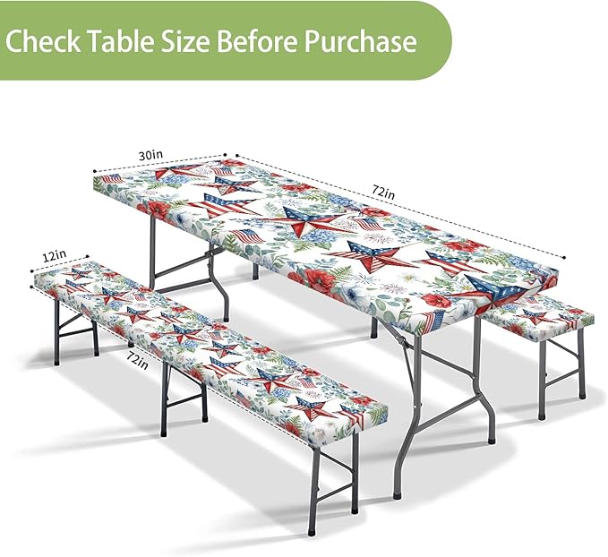 JAWO Patriotic Picnic Table Cover - 4th of July Fitted Tablecloth with Elastic Edge,Red White Blue Star Floral Design for Outdoor Camping, BBQ, Independence Day Party Decor, 72x30 Inch