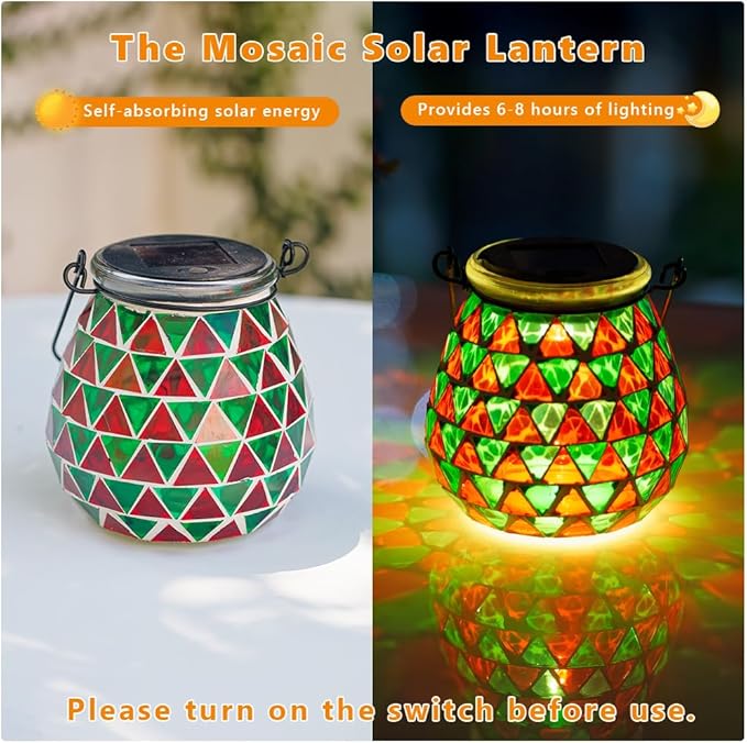 Starsoul 2 Pack Solar Lanterns Outdoor Waterproof, Vibrant Mosaic Hanging Solar Lights, Decorative Solar Lantern for Outside Garden Decor