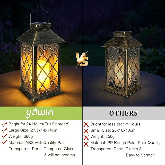 Yowin Solar Lanterns Outdoor Waterproof 14" Large Tempered Glass Solar Hanging Lantern for Outside with Flickering Candle, Mother's Gift Ideas, Wall Lamp for Garden Patio Vintage Decorations - Bronze