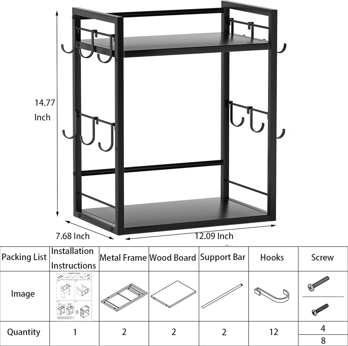 Dorhors 2 Tier Coffee Bar Accessories and Organizer,Multi-functional Mug Holder with 12 Hooks,Wood Coffee Station Organizer