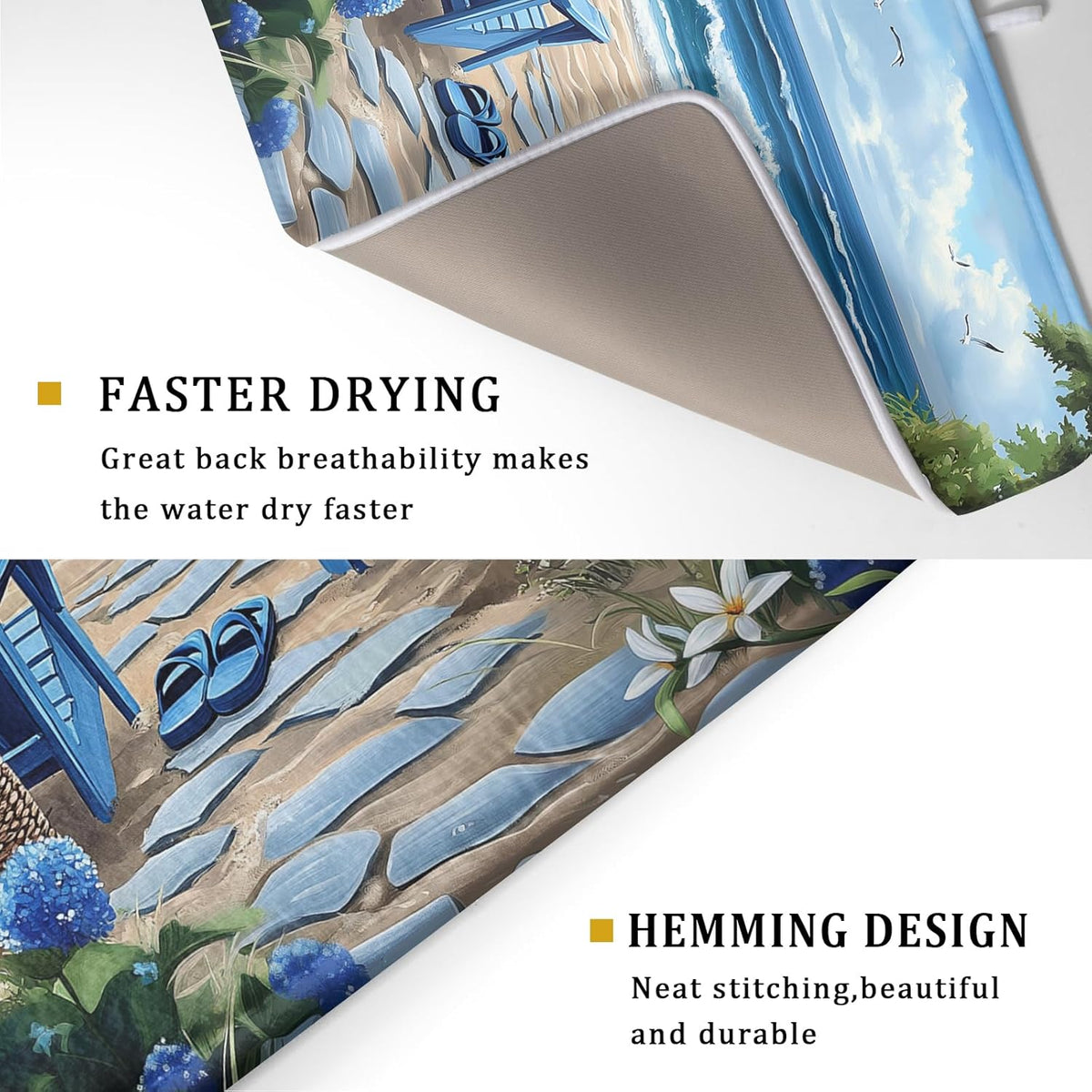 Summer Beach Chairs Dish Drying Mat Sea Wave Blue Floral Drying Mat fo Kitchen Counter 16”x18” Absorbent Reversible Kitchen Mat Non-Slip Ocean Themed