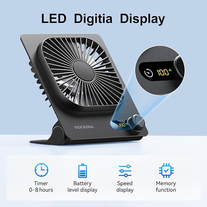 GOCKERA Desk Fan, 6.61''Ultra-thin Battery Powered Fan with Powerful Wind,100 Speeds Adjustable&Digital Display,Timer,Ultra-quiet Small Portable Fan for Bedroom,Office,Travel (Black, 2000mAh)