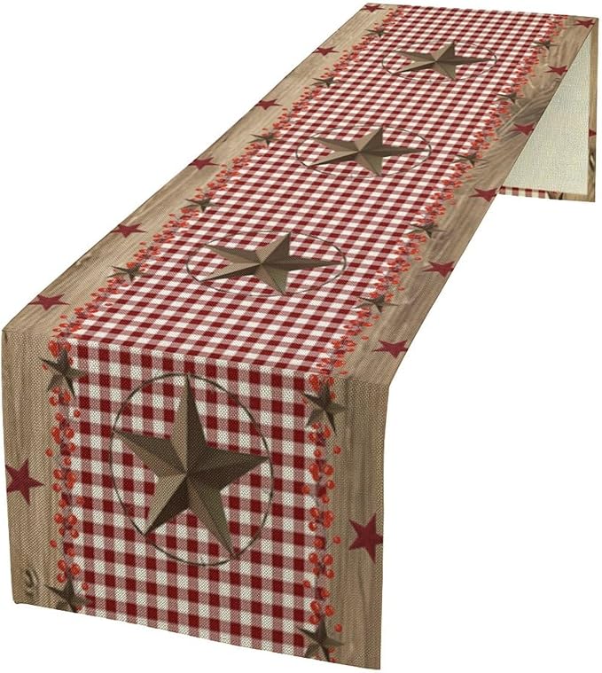 Farmhouse Western Table Runner,Rustic Country Barn Red White Buffalo Plaid Texas Star Berries Print Table Decoration for Kitchen Dining Table Wedding Home Party 13x120in
