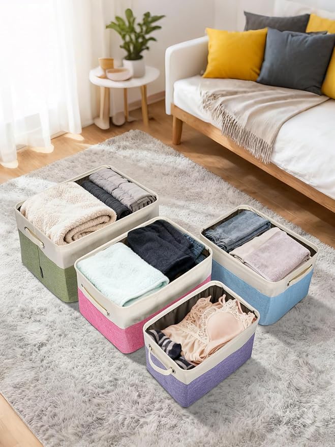 BALEINE 3 Pack Fabric Closet Storage Bins for Shelves, Linen Closet Organizers and Storage, Decorative Baskets for Organizing, Shelf, Clothes, Home, Office (Green, 12"x8"x8")
