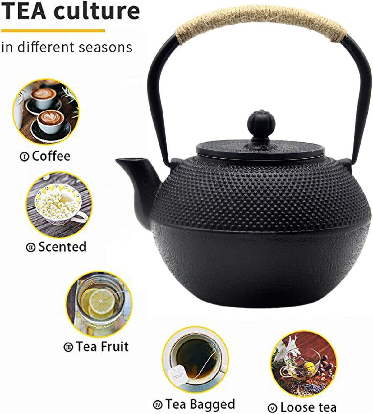 YJX 40.6oz Black Cast Iron Tea Pot Set with Teacups, Japanese Tetsubin