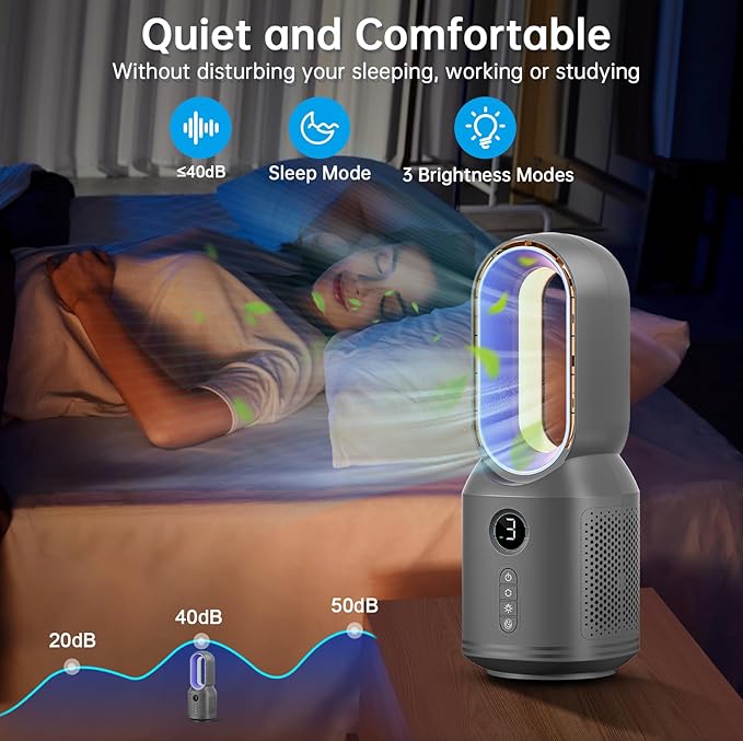 Bladeless Desk Fan, 13 Inch Quiet Oscillating with 106° Rotation, Battery Operated Portable Table Fan, 3 Speeds & Night Light, LED Display, Button Control, Personal Fan for Bedroom Office Nightstand