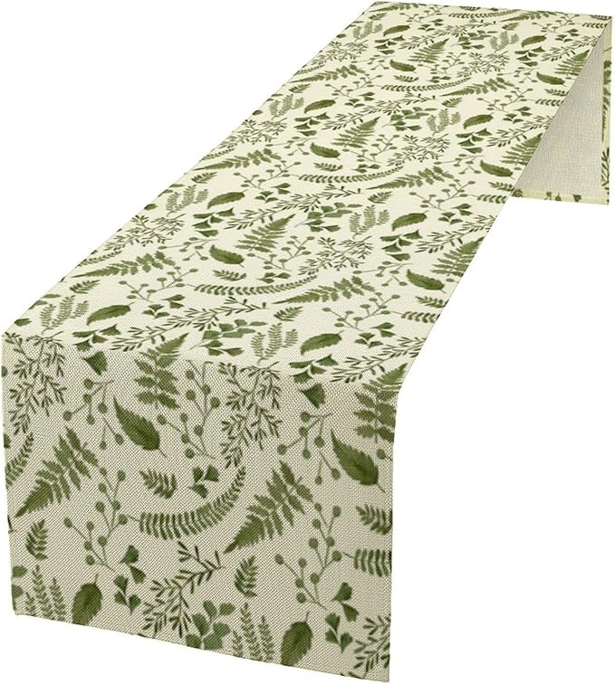 Green Leaves Table Runner,Spring Summer Herbs Botanical Natural Plants Print Table Runner for Kitchen Dining Table Farmhouse Home Party Decor 13x60in