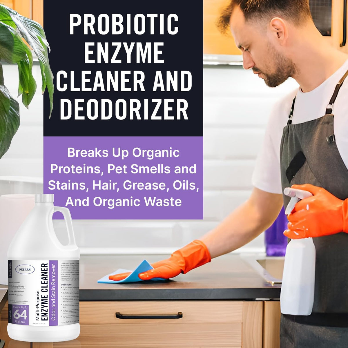 Multi-Purpose Probiotic Enzyme Cleaner, Made in USA - Pet Stain and Odor Remover - Concentrated - Professional & Home Strength Drains, Floors, Bathrooms, Toilets Trash Can, (1 gallon, Lavender)