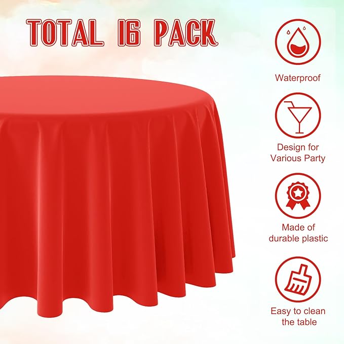 Ragnhild 16 Pack Red Plastic Tablecloth for Round Tables, Premium Decorative Red Disposable Table Cloths for Parties, Bulk Round Party Table Cover for Birthday Wedding Anniversary Graduation, 84 Inch