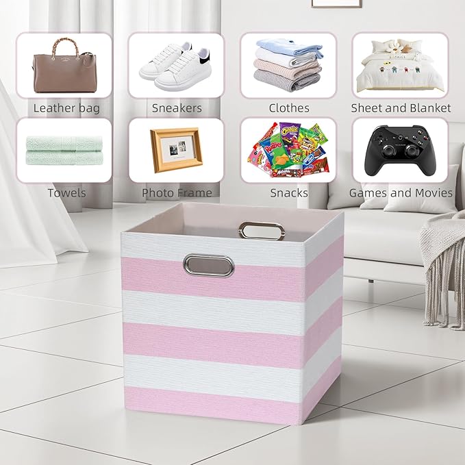 13x13x13 Storage Cube Bins, Foldable Storage Cubes Cubby Baskets Organizer Cloth Bins for Cube Storage Organizing Shelf Closet, Pack of 4, Pink/White Stripe