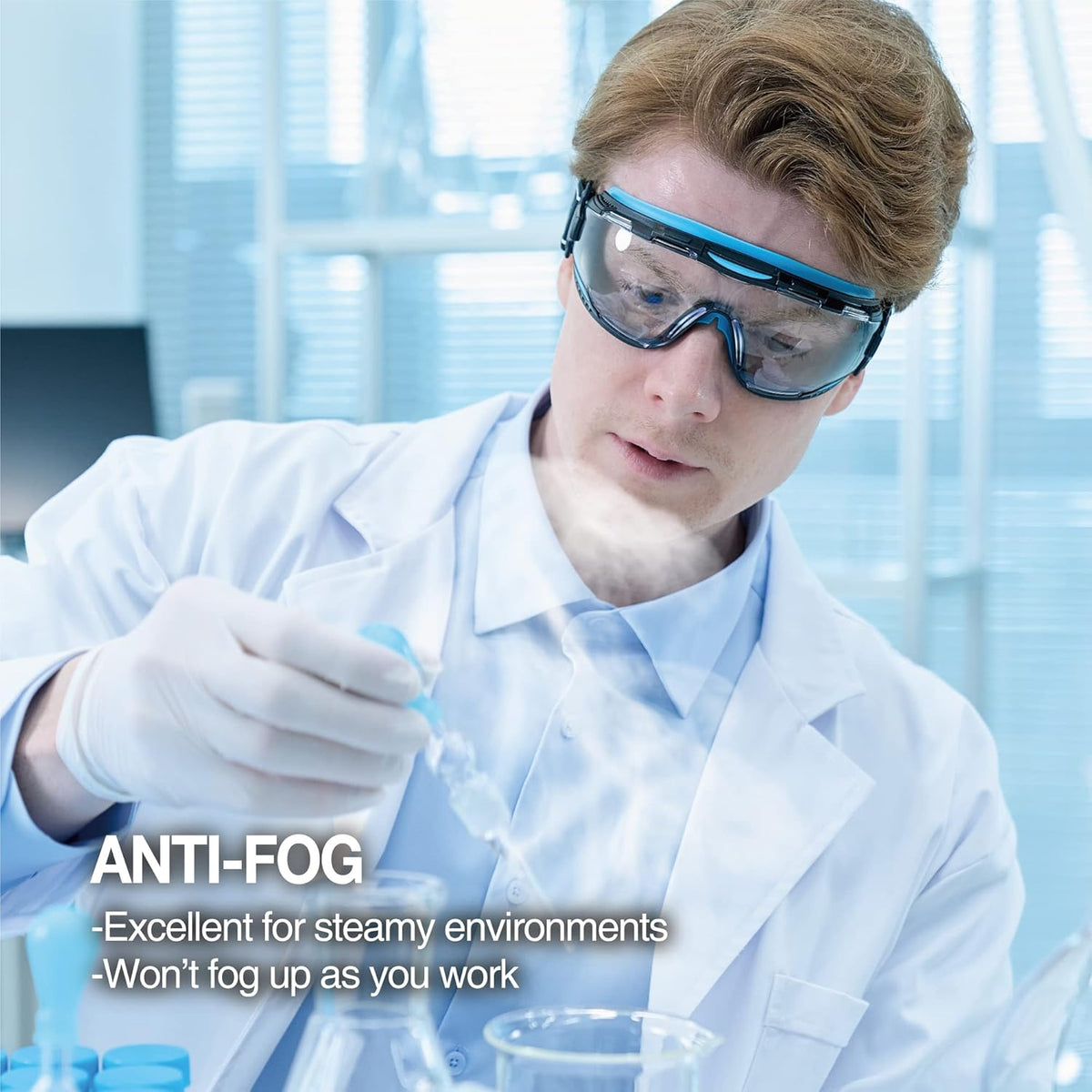 DEX FIT Protective Safety Goggles SG220; Anti Fog & Scratch, Z87 Eye Protection for Lab, Science, and Chemistry Work, Adjustable for Women and Men, (Black & Blue Frame, Clear Lens, 30cm Strap)