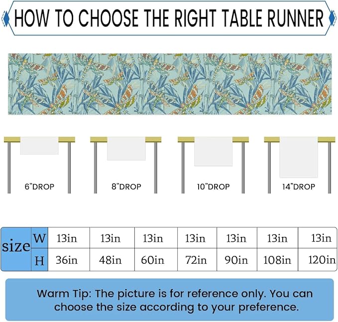 Watercolour Dragonflies Table Runner Kitchen Dining Table Runner 13*108in Table Center Decor for Indoor Outdoor Home Holiday Party