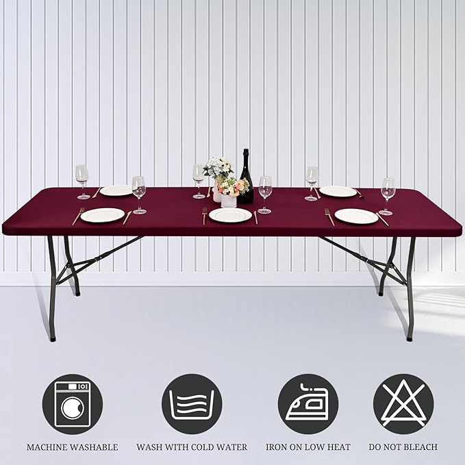 6 Pack Stretch Fabric Table Top Cap Cover, fits 8' Tables, Spandex Table Covers Washable Elastic Rectangle Tablecloth Protector for Indoor Outdoor Party Picnic Wedding, Wine Red, 30" W x 96" L