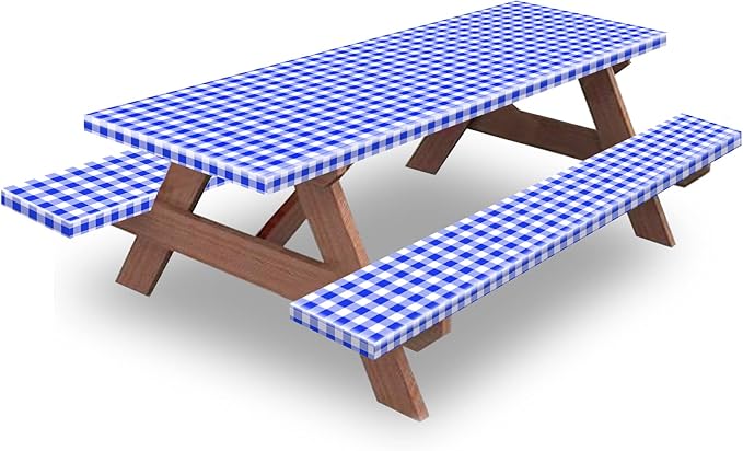 8ft Picnic Table and Bench Cover, Camping Essentials RV Gear, 96 in Waterproof Windproof Outdoor Elastic All Around Tablecloth, Fitted Rectangle Tables and Seats, Blue-White Checkered