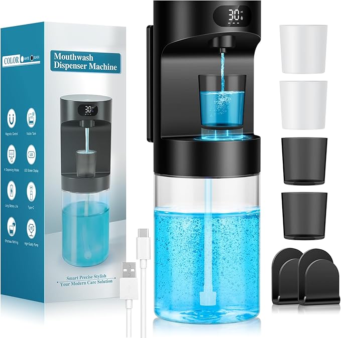 Automatic Mouthwash Dispenser for Bathroom,20.29 oz Touchless Electric Mouth Wash Dispensers Bathroom Accessories Set with 4 Magnetic Cups,4 Modes Wall Mounted Mouth Wash Dispenser for Home & Kids