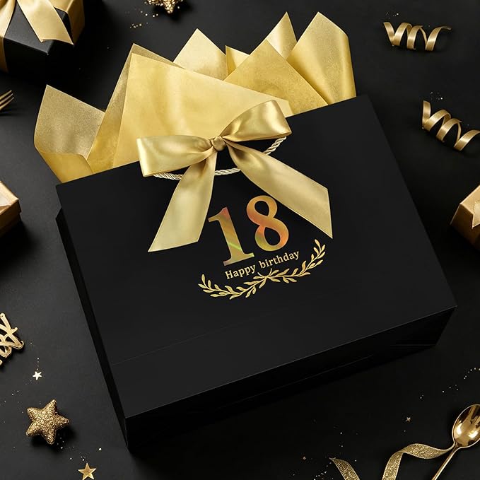 JMANNI Black Gold 18th Birthday Gift Bag with Card and Tissue Paper, 14.2"×9.84"×4.3" Large Present Bag for Adults, 18 Year Old Birthday Keepsake Party Supplies