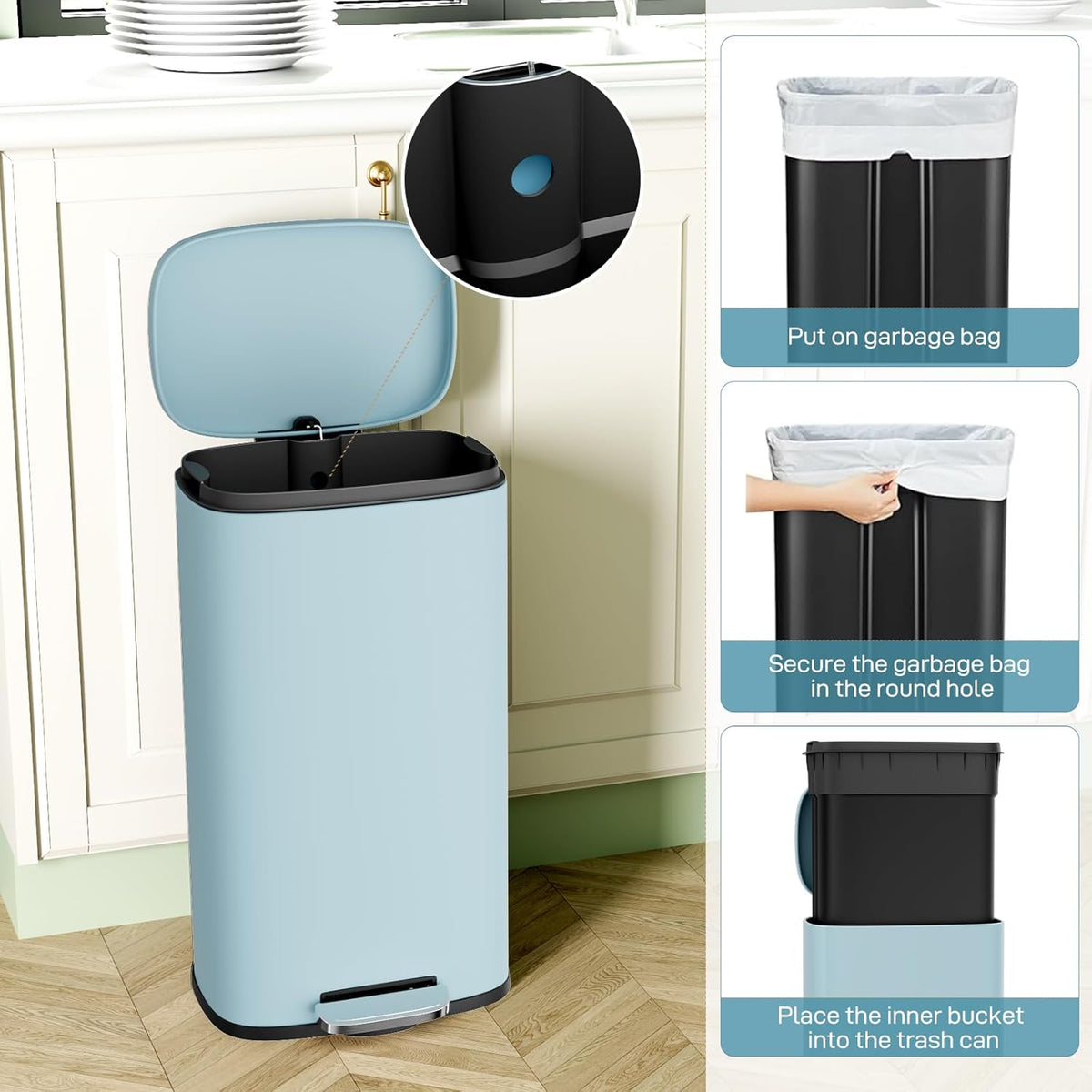 Arlopu 8/13.2 Gallon Step Trash Can, Stainless Steel Garbage Bin, Soft-Close Rubbish Bin with Removable Plastic Inner Bucket, Fingerprint-Proof, Lid Dustbin, Suit for Kitchen (Tide Pool Blue, 30L)