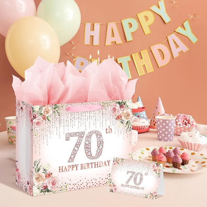Laidans Large Pink 70th Happy Birthday Gift Bag with Tissue Paper and Card for Women Party (Rose Gold) (70th)