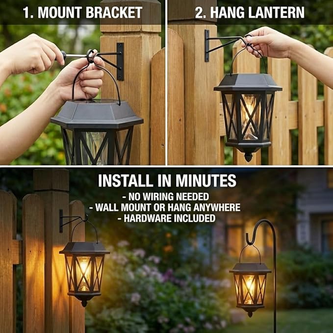 Solar Lanterns Outdoor Waterproof, Hanging Solar Lights with Glass Shade - 2 Pack LED Metal Wall Mount Outdoor Light for Yard/Garden/Patio - Black