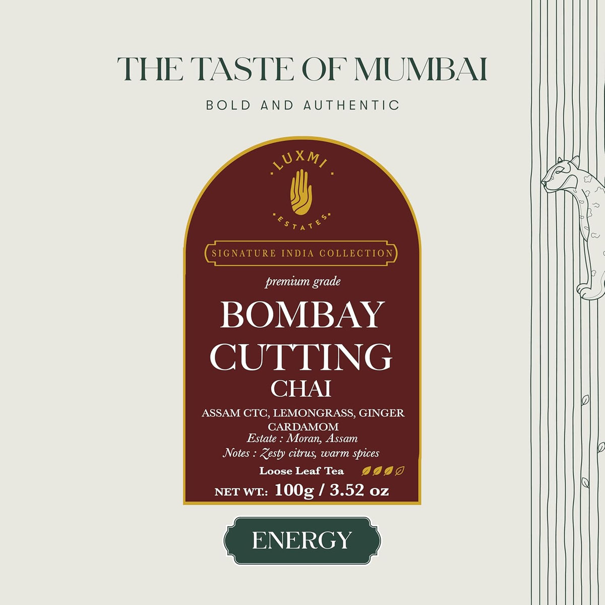 Luxmi Estates Bombay Cutting Chai, 100 gm, Signature India Collection, Assam CTC, Black Tea Collection, Strong Organic Tea, Lemongrass Tea, Ginger