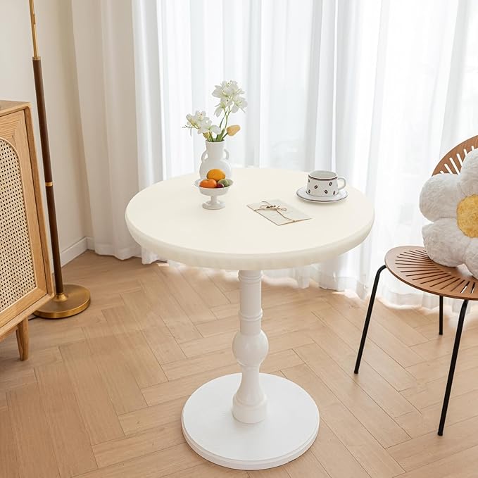 Round Fitted PU Tablecloth with High Elastic Edge 39 Inch Dia Waterproof Oil Proof Table Cloth Anti-Scald Stain-Resistant Wipeable Table Cover for Indoor Outdoor Picnic (Cream,39" Dia)