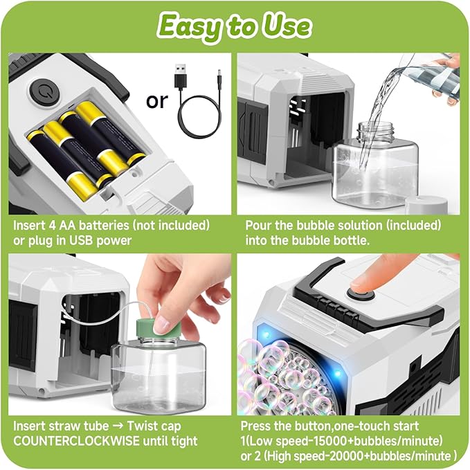 Bubble Machine for Children, Powered by USB Adapter or Battery, Suitable for Indoor & Outdoor Birthday Parties, Weddings & Outdoor Activities