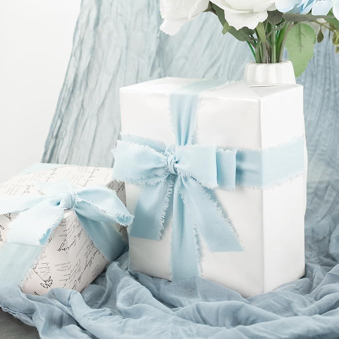 Baby Blue Cotton Ribbon 1-1/2 Inch Baby Blue 3 Rolls 21 Yards Frayed Edge Fabric Set for Baby Shower, Wedding Invitations, Nursery Decor, Christening & First Birthday Party