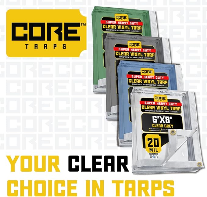Core Tarps 20 Mil Extreme Heavy Duty Clear Tarp with Gromments - 14x14ft Super Clear Tarps Heavy Duty Waterproof Vinyl Tarpaulin, Transparent Tarp for Outdoor, Camping & Construction, Clear Grey
