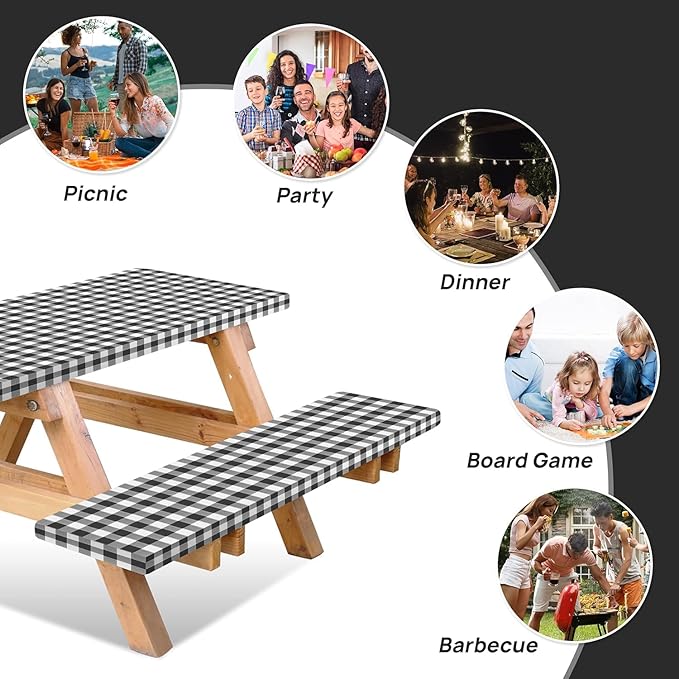 RNOONY Vinyl Fitted Picnic Table Cover with Bench Covers and Bag,8ft Outdoor Waterproof Picnic Tablecloth with Elastic Edges, 96x30 Inches 3 Pcs Set (Black Checkered)