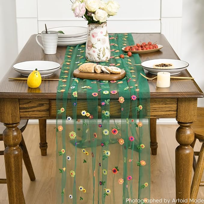 Artoid Mode 3PCS Dark Green Embroidery Daisy Gauze Table Runner 120 Inch 10FT, Seasonal Sheer Dining Holiday Wedding Birthday Table Decor for Home Party