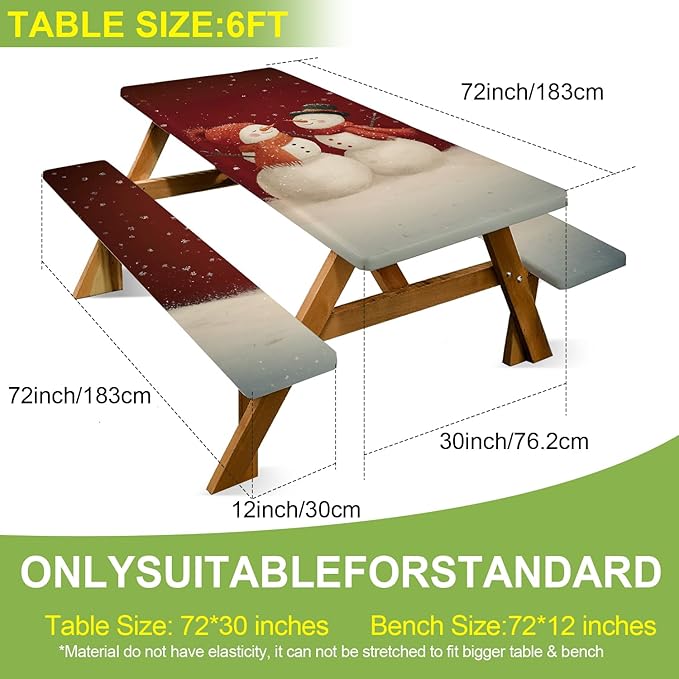 ANNA QUEEN 6FT Christmas Snowman Picnic Table Cover with Bench Covers Picnic Table Cover Set 3PCS 72"x30", Outdoor Bench and Tablecloth Furniture Protection for Camping