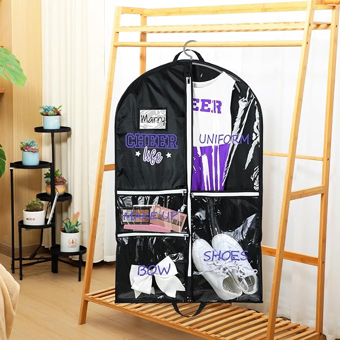 Blushtier Cheer Garment Bags for Cheerleading Uniform For Cheer Mom Waterproof Hanging Garment Bag for Dance Costumes 40 Inch Clothes Bag with 5 Pocket Travel Side Zip Storage Uniform(Black,Purple)