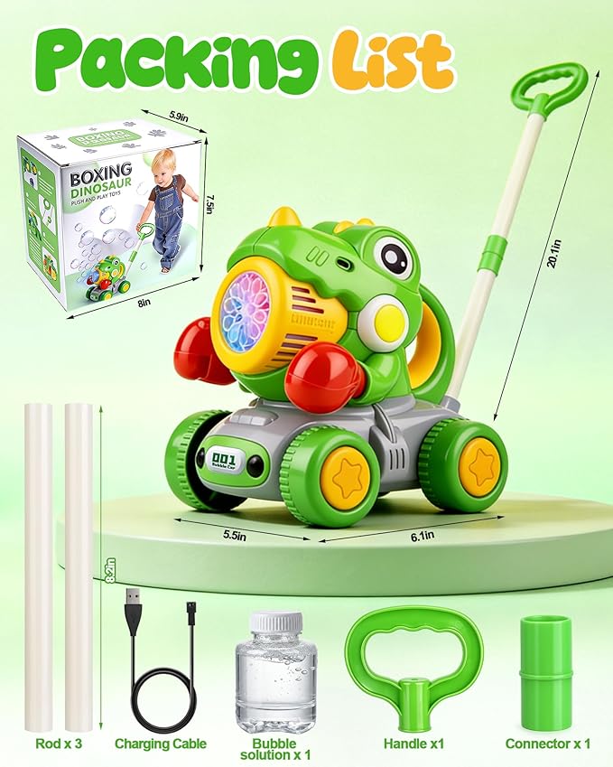 Dinosaur Bubble Lawn Mower for Toddlers, Rechargeable Automatic Bubble Blower with Lights,Handheld and Push 2 in1 Bubble Blower for Kid, Perfect for Party Favors and Activities for Girls and Boys