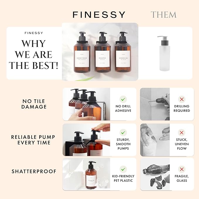 FINESSY Refillable Shampoo and Conditioner Dispenser Wall Bottles with Pump, Bathroom Body Wash Soap and Shampoo Dispenser for Shower Wall 3 Chamber No Drill, Shower Bottles Refillable with Labels