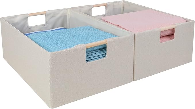 ANMINY 2PCS Storage Baskets for Organizing Collapsible Fabric Storage Bins Boxes with Wood Handles Closet Shelves Cube Organizer Bins Clothes Laundry Storage Container - Medium, Beige