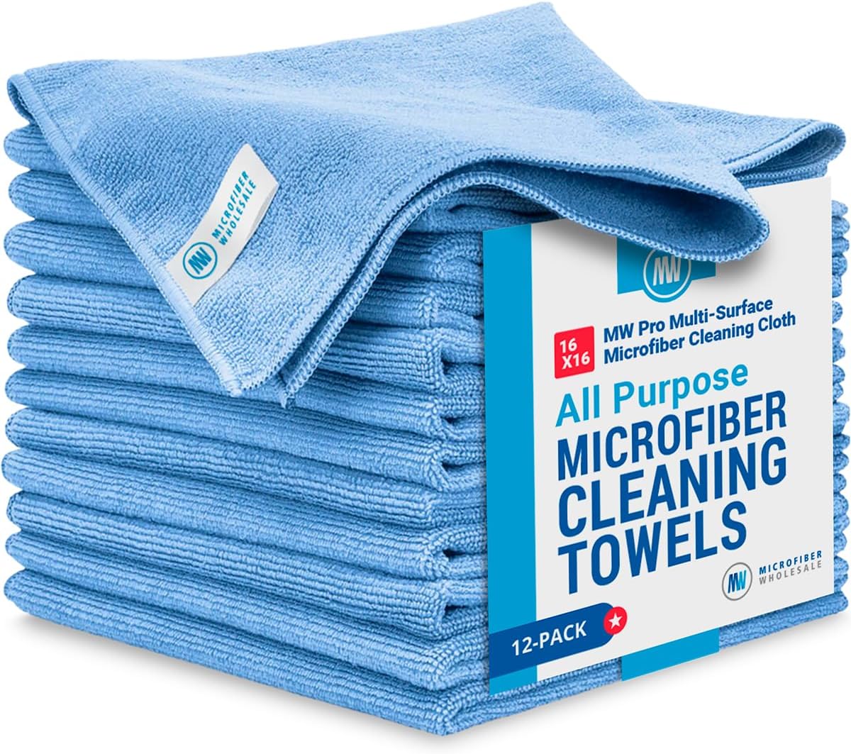 MW Pro Multi-Surface Microfiber Towel – 12 Pack, Premium Cleaning Cloth, Clean, Buff, Dust, Polish, Absorb, Large 16"x16" (Blue)