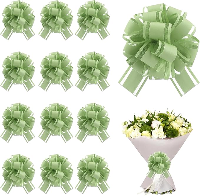12 Pcs Green Gift Bow Pull Bows for Gift Warpping Christmas Warp Ribbon Bow Party Birthday Wedding Solid Bows for Bikes Anniversary Boxes Flower Decorations Valentine's Day (Army Green-E)