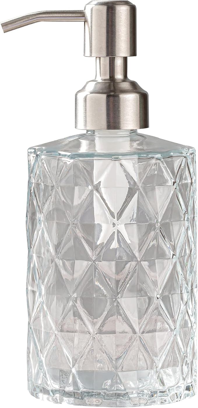 Easy Tang Glass Hand Dish Soap Dispenser for Bathroom Kitchen 12 Oz Crystal Design with Silver Pump Refillable Liquid Soap Dispenser (Clear)