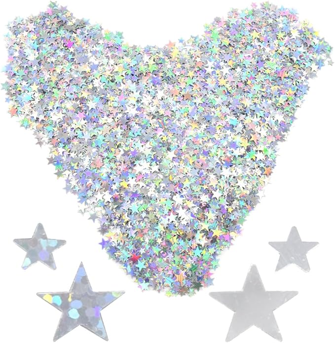 60g/2.1oz Glitter Star Confetti 6/10mm Metallic Foil Stars Sequin Holographic Stars Table Confetti for Party,Wedding,Birthday Decorations(Silver+Glowing Silver/XX-FGY+Y)