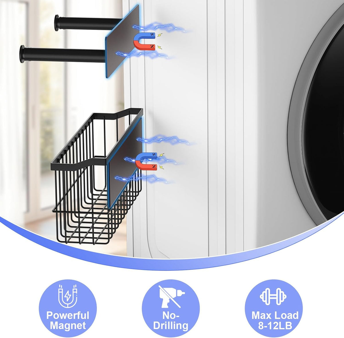MFTEK Magnetic Dryer Ball Holder and Magnetic Hanger Holder for Laundry Room Organization, Extendable Hanger Organizer Stacker, Magnet Lint Bin, Metal Basket Dryer Ball Container Set (Black)